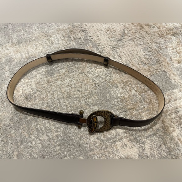 Chicos Vintage Belt M/L Brown Genuine Leather Beaten Gold Buckle Adjustable Rare - Picture 1 of 7